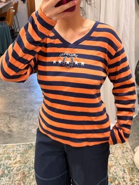 Five Star Striped V-Neck Tee — Orange & Navy